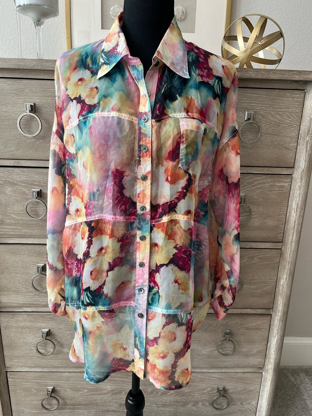 100% Silk Semi Sheer Long Sleeve Button Up Blouse Shirt Colorful Soft Floral XL